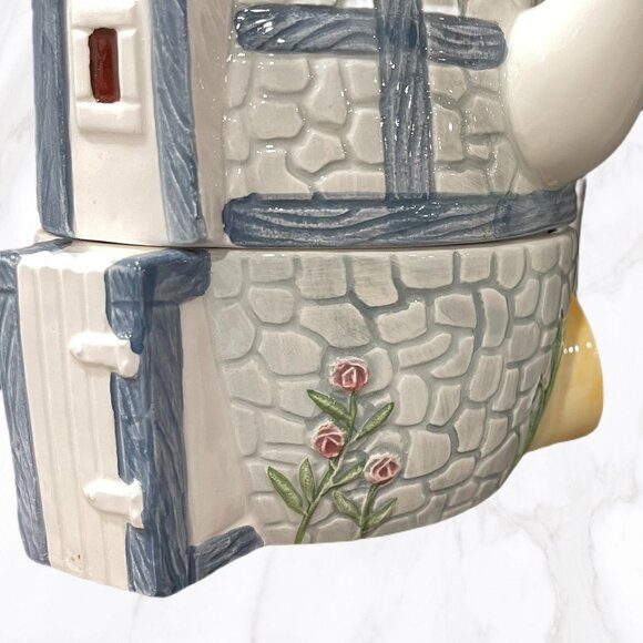 Ceramic Stackable Blue & Gray Cottage Themed 3 Piece Individual Teapot & Cup Set - Picture 3 of 5